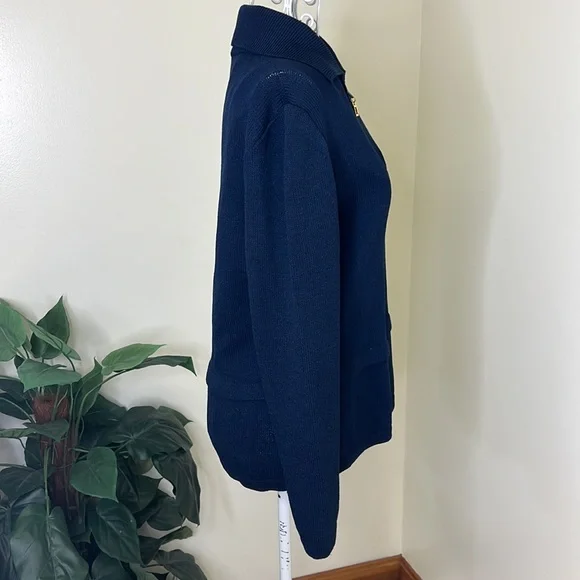 ST JOHN Vintage SJK Navy Blue Knit Zipper Jacket Gold Cloisonne Charm Size 4 - Picture 8 of 11